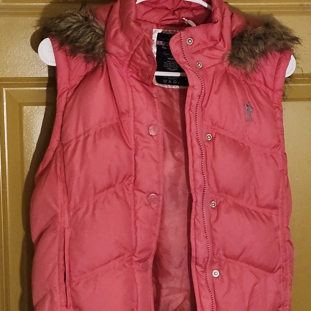 U.S. Polo Assn. Pink Quilted Vest with Faux Fur Hood